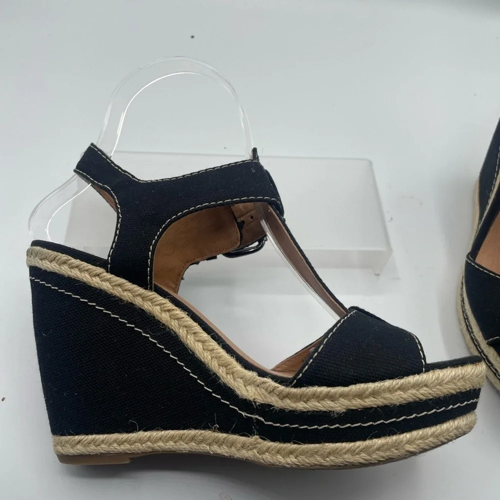 Franco Sarto Black Canvas Wedge Sandals, T strap, buckle side closure size 6.5